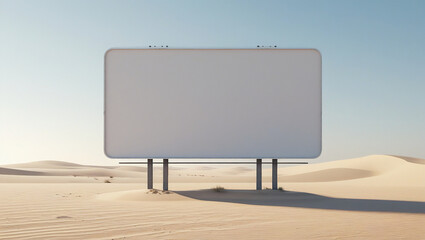 Blank white desert billboard in open sandy landscape, ideal for minimalist mockups, outdoor advertising, and creative design presentations.