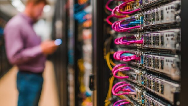 Servers & Tech. Engineer (blurred) checks a device in a server room. Focus on multi-colored cables connected to a bank of servers in a data center