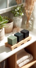 Three square soaps, in green, teal, and dark gray, rest on a light wooden slatted tray. Bathroom setting with plants, a window, and folded towels in the background. Bright, natural lighting
