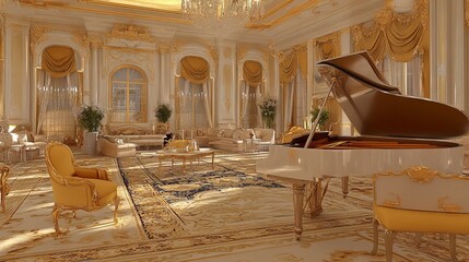 Opulent gold-toned room with a grand piano, ornate decor, and luxurious furnishings