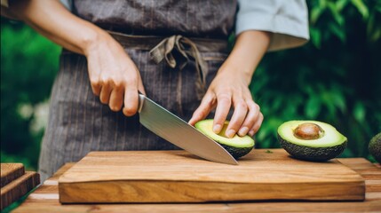 Hands slicing an avocado on a wooden cutting board.