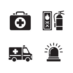 Essential Safety and Emergency Glyph Icons Set &ndash; First Aid, Fire Extinguisher, Exit, Ambulance, Alarm, and Protective Equipment