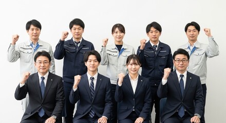 日本の中小企業入社式：新入社員たちの記念撮影