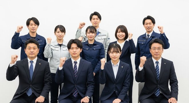 日本の中小企業入社式：新入社員たちの記念撮影