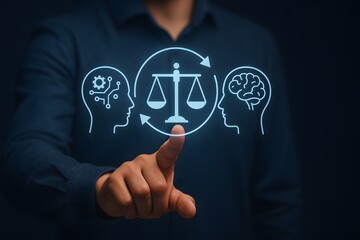 Person pointing at balance scale with brain and artificial intelligence icons showing technology ethics and decision making concept