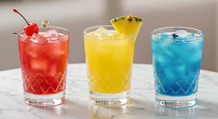 Vibrant Cocktails Trio: Red Yellow and Blue Drinks on Marble.