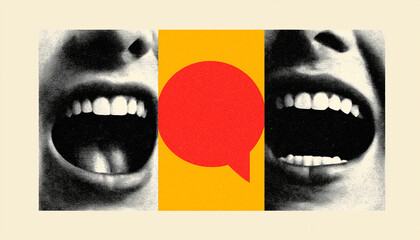 Minimalist business meeting illustration with abstract message bubbles, people talking at table, flat vector design, simple outline, collaboration, planning, strategy, teamwork, modern concept.