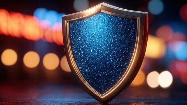 Blue Glittering Shield with Golden Frame Against a Blurred City Lights Background