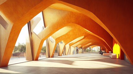 Modern wooden interior with curved design, sunlight streaming through windows. Clean lines and open space are evident