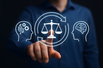 Person touching virtual balance scale icon between artificial intelligence head and human brain symbol representing ethics and fairness in technology