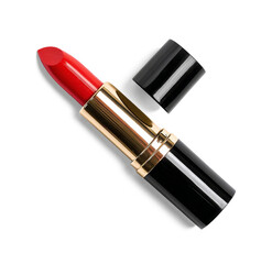 Obraz premium red lipstick with black and gold case on white background.