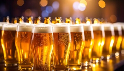 Golden beers glowing in the twilight