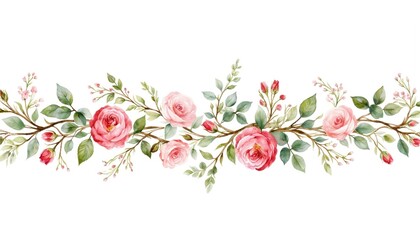 Watercolor floral border featuring pink roses and green leaves on a light beige background. Elegant arrangement with delicate blossoms and buds on branches.