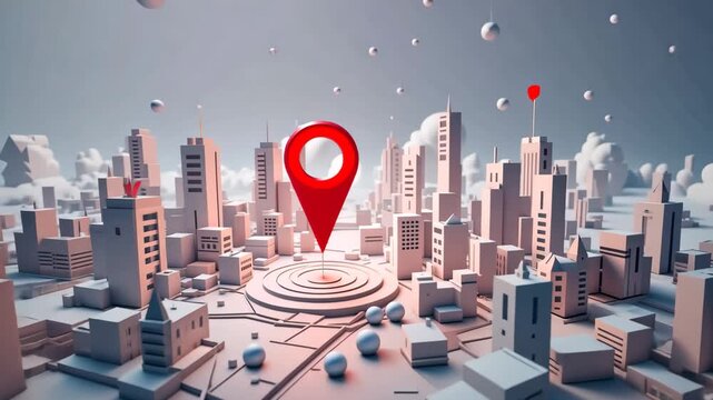 3d city map with red geolocation marker floating among abstract white spheres, futuristic navigation concept