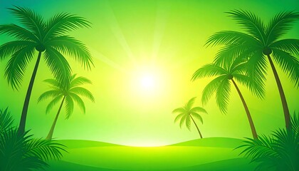 Fototapeta premium Lush green tropical scene with palm trees silhouetted against a bright sun