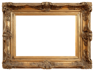 Ornate antique gold picture frame with elaborate carvings and detailed scrollwork isolated on a transparent background