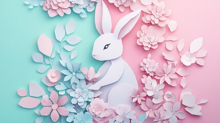 Dreamy paper-cut bunnies paired with delicate florals in soft pink and mint green tones create a warm nursery wall art style.