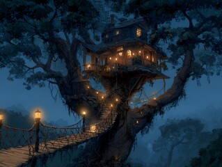 Illuminated treehouse with rope bridge and lanterns at dusk in a lush green forest setting