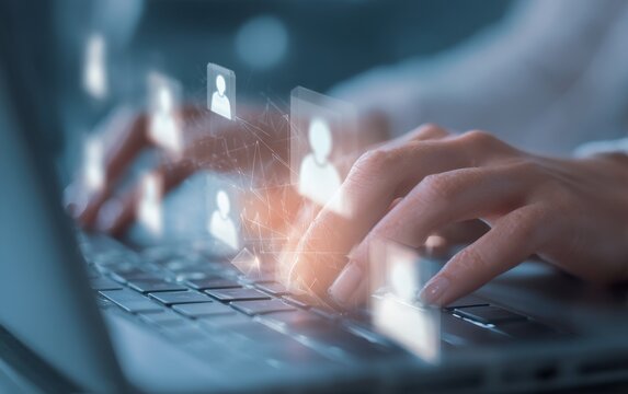 Closeup of hands typing on laptop, user interface with digital profile icons overlayed