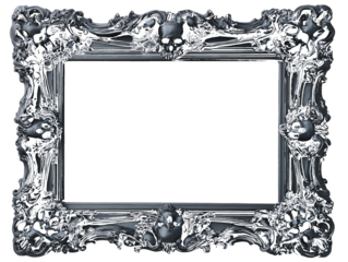 Ornate black picture frame with skull embellishments and rococo style detailing isolated on a transparent background