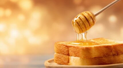 Honey drizzling onto slices of toasted bread.