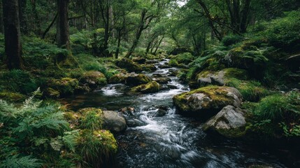 Serene Forest Stream Flowing Through Lush Green Nature Scene