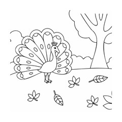 Elegant peacock displaying feathers near tree bird