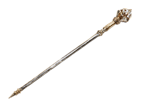 Ornate gold scepter with clear faceted gemstone and pointed finial isolated on a transparent background