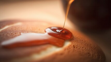 Syrup being poured onto a pancake.