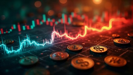 Business concept with chaotic stock market charts and coins