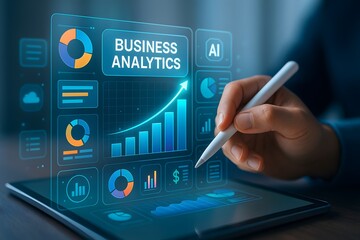 Person using digital pen on tablet screen showing business analytics dashboard with charts, graphs, and data, concept of AI technology, statistics, and performance tracking