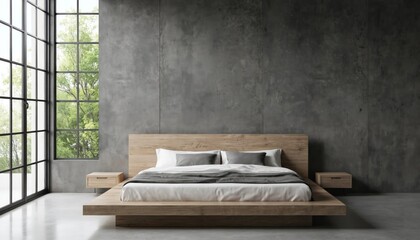 Modern bedroom design with large dark wood bed, white headboard, footboard, comforter, gray throw blanket. Black nightstands with drawers, gray wall color, white curtain, natural light through