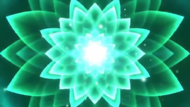 Luminous geometric mandala pulsating, rotating layers, radiant energy waves and swirling cosmic lights, vivid neon green and cyan digital art