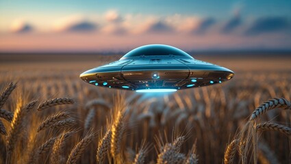 A glowing UFO flies above a golden wheat field at sunset, a surreal sight indeed.