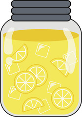 Colorful vector illustration of a refreshing jar of lemon juice filled with lemon slices and ice cubes