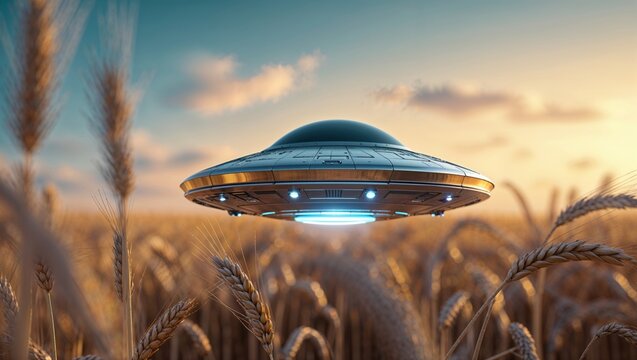 A mysterious ufo flies over a wheat field during a stunning sunset, a captivating scene. - Powered by Adobe