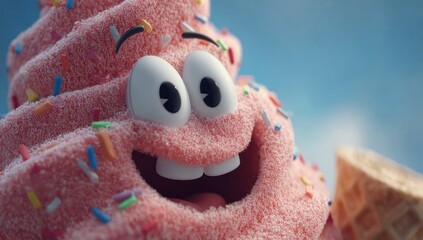 Animated ice cream cone with a smiling face and sprinkles. Holds a cone against a blue sky background
