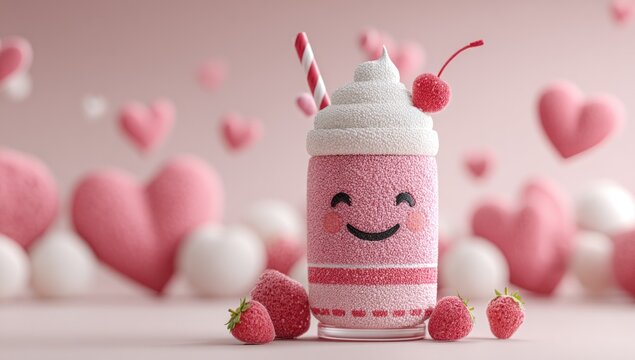 Fuzzy, cute pink drink with whipped cream, cherry, and a candy cane straw, against a bokeh heart background with strawberries