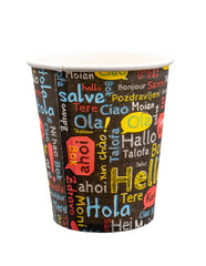 disposable paper coffee cup with a black base adorned with colorful, playful text in various languages, including "Hello," "Bonjour," and "Halo" on white background © Roberto Sorin
