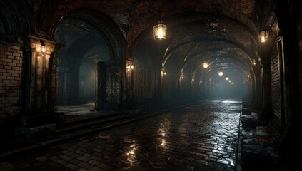 Obraz premium Dimly lit, arched brick tunnel with cobblestone road receding into hazy distance. Lights cast warm glows on damp walls. Moody atmosphere