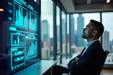 Cutting-edge CEO's Office: Holographic Business Data Analytics Dashboard projected on Window overlooking City Skyline