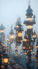 Fototapeta premium Floating Futuristic City In Fog With Glowing Lights