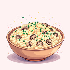 Vsai bowl overflowing with creamy mushroom risotto, sprinkled with cheese and chives