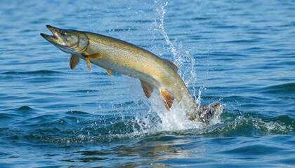 Fototapeta premium Fish leaps out of water with body extended diagonally. Gray and brown hues on fish body, vibrant green on fins. Calm blue water background provides contrast to fish motion.