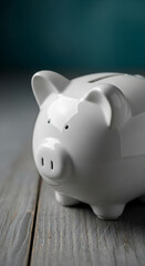 Close-up of white ceramic piggy bank on gray wooden surface, representing saving, finance, and financial security