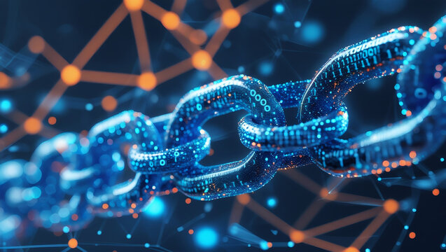 Shimmering blockchain link with binary textures in cyber network, great for fintech graphics, data security visuals, and futuristic illustration. - Powered by Adobe