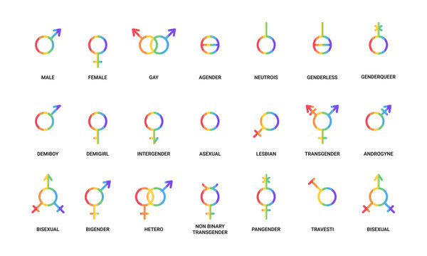 Set of LGBTQ gender symbols in rainbow colors. Vector illustration.