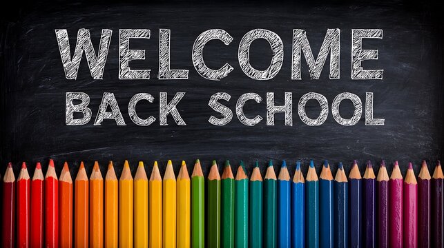 Photo of welcome back to school message written in chalk on a chalkboard with a rainbow of pencils