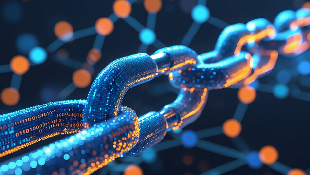 Glowing digital chain with particles and bokeh nodes in dark background, ideal for crypto branding, blockchain art, and technology presentations. - Powered by Adobe