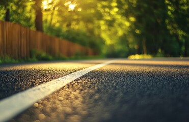Road surface with white line. Asphalt highway road marking for transport, car traffic. Urban summer scene with green trees, brown wall background